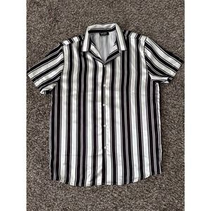 Boohoo Man Medium cream and black striped button collar shirt